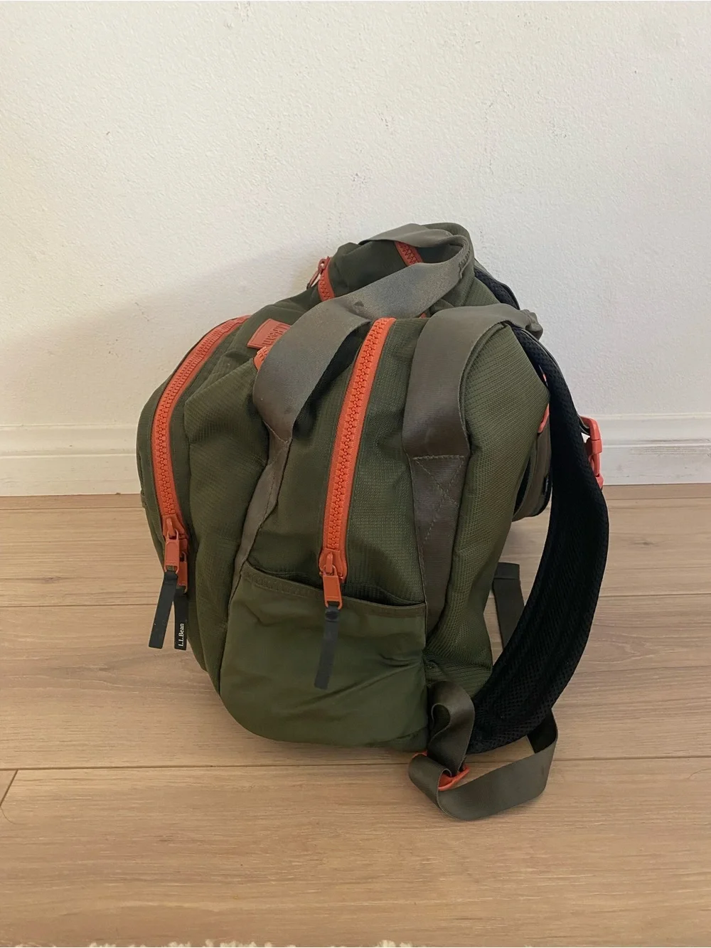 L.L. Bean Olive Green Baby Diaper Bag with Orange Zippers